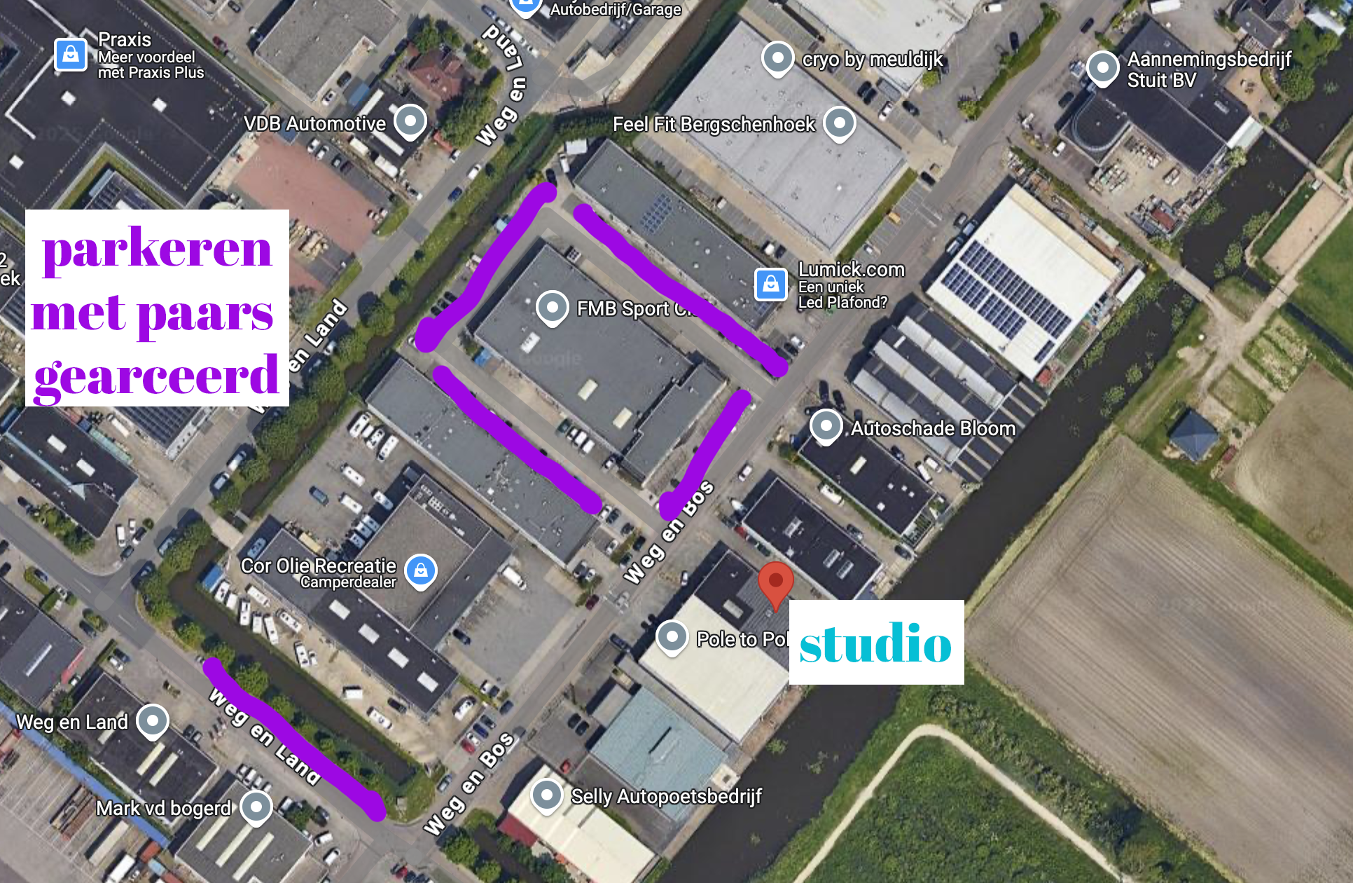 Parkeerkaart studio met paars gearceerd parkeergebied